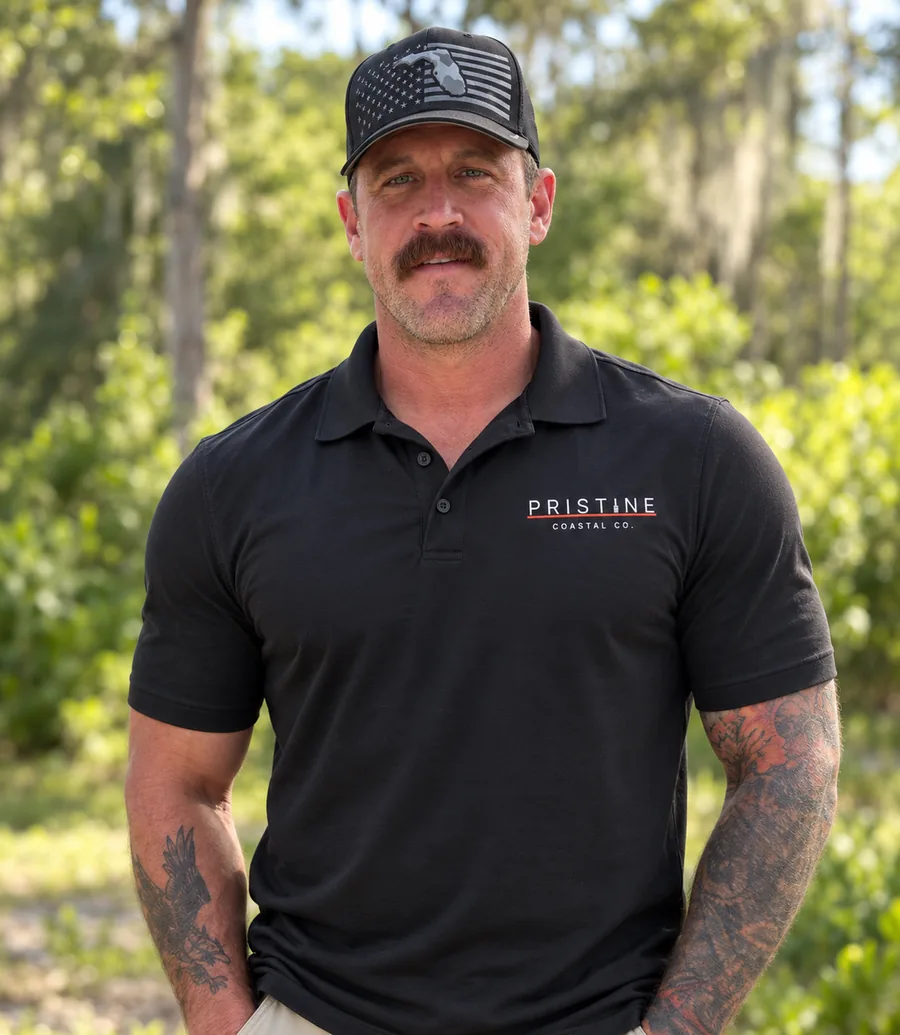 Arron Marlowe, owner of Pristine Coastal Co., in a company polo