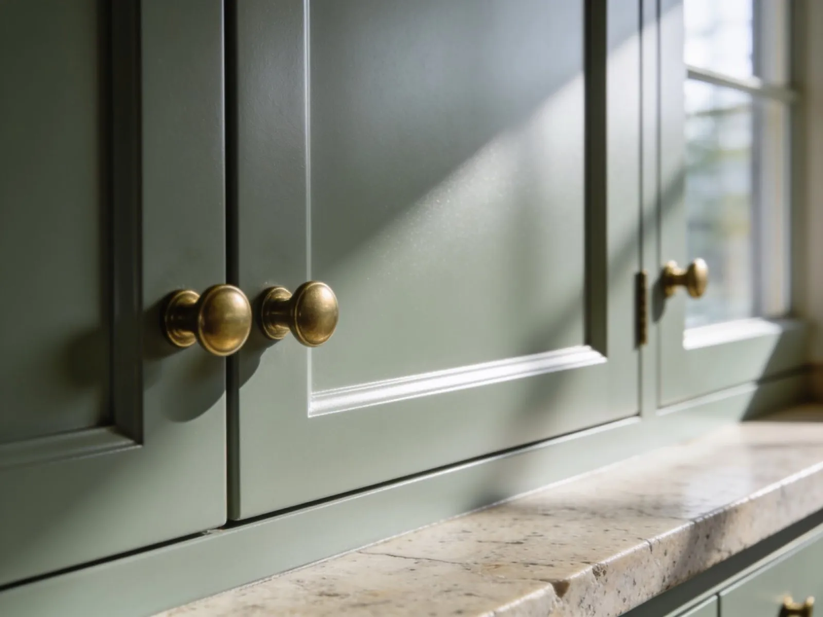 Sage cabinetry with brass hardware