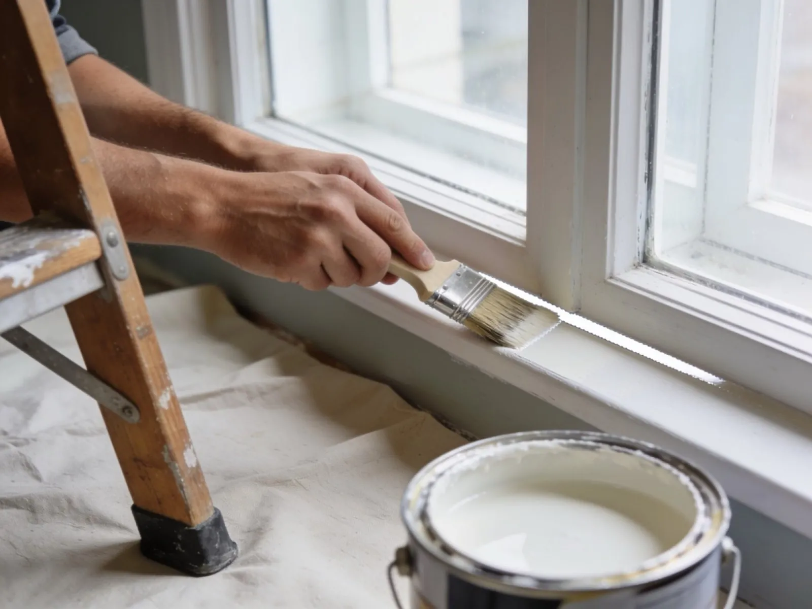 Painter cutting in window trim by hand