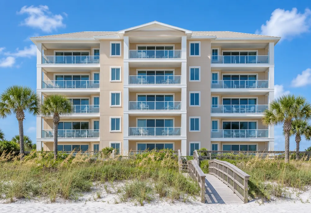 A five-story beachfront condominium building behind the dunes