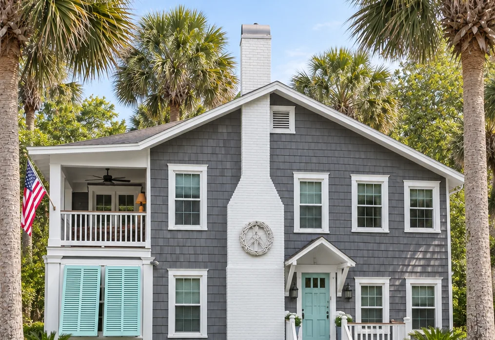 A gray shingle home with white trim and haint blue shutters under palm trees in Atlantic Beach