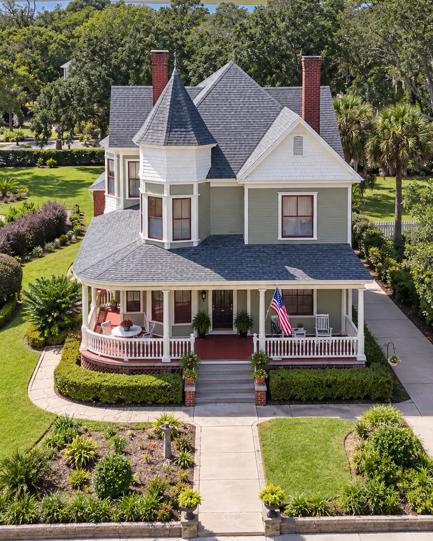 A Victorian home with a turret and a wraparound porch in Fernandina Beach