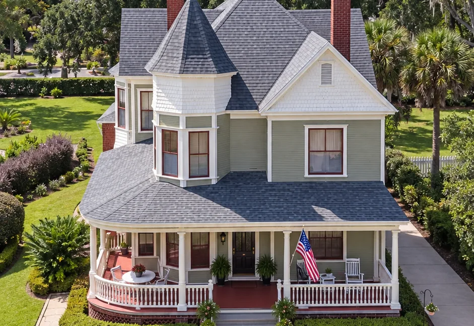 A Victorian home with a turret and a wraparound porch in Fernandina Beach
