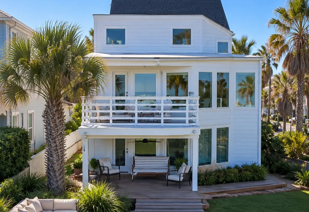 A white beach house with a second-floor balcony and a backyard deck under palm trees in Neptune Beach