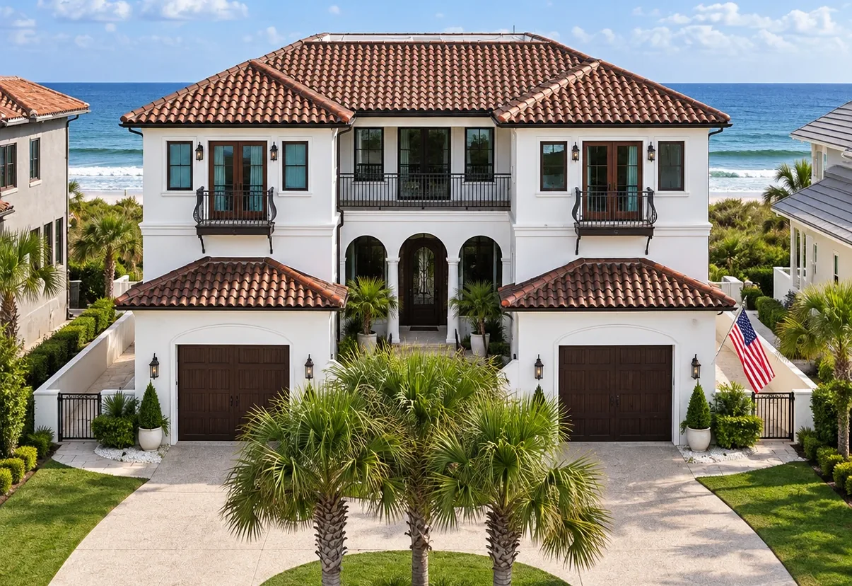 A white stucco home with a terracotta tile roof facing the ocean in Ponte Vedra Beach