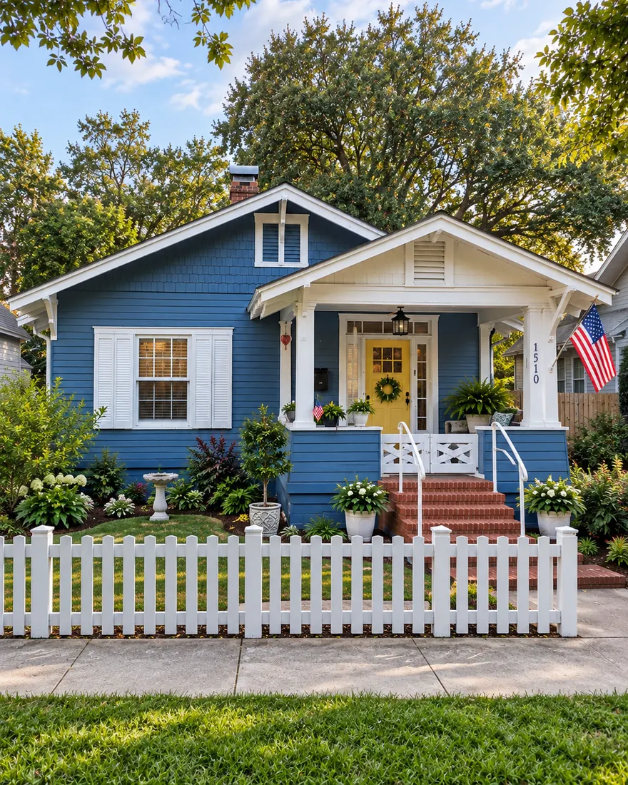 A blue craftsman bungalow with a yellow door and a white picket fence in Riverside, Jacksonville