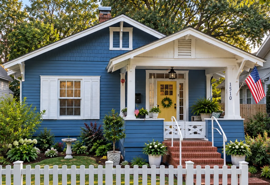 A blue craftsman bungalow with a yellow door and a white picket fence in Riverside, Jacksonville