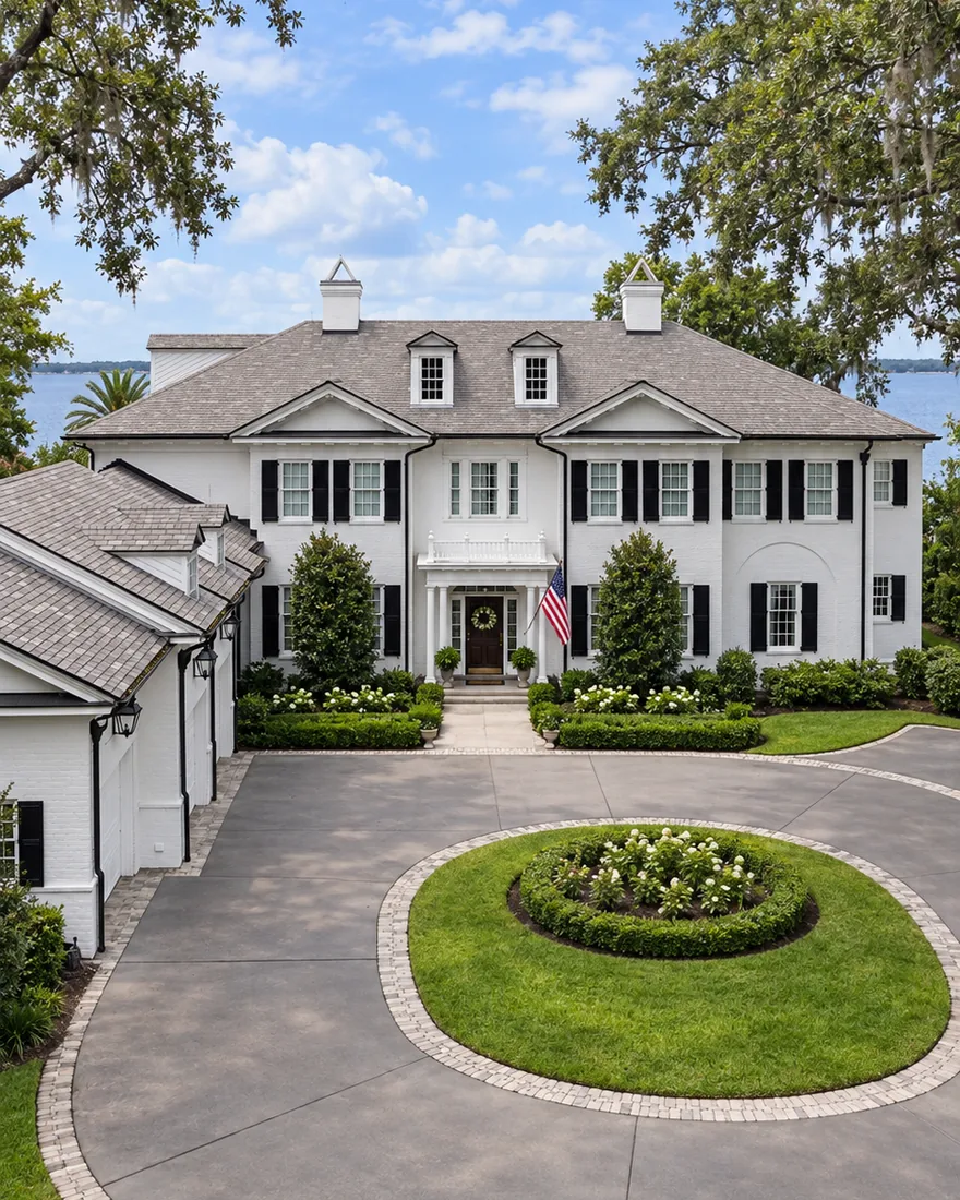 A white two-story home with black shutters and a circular drive near the river in San Marco