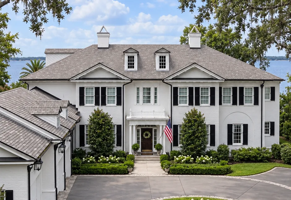 A white two-story home with black shutters and a circular drive near the river in San Marco