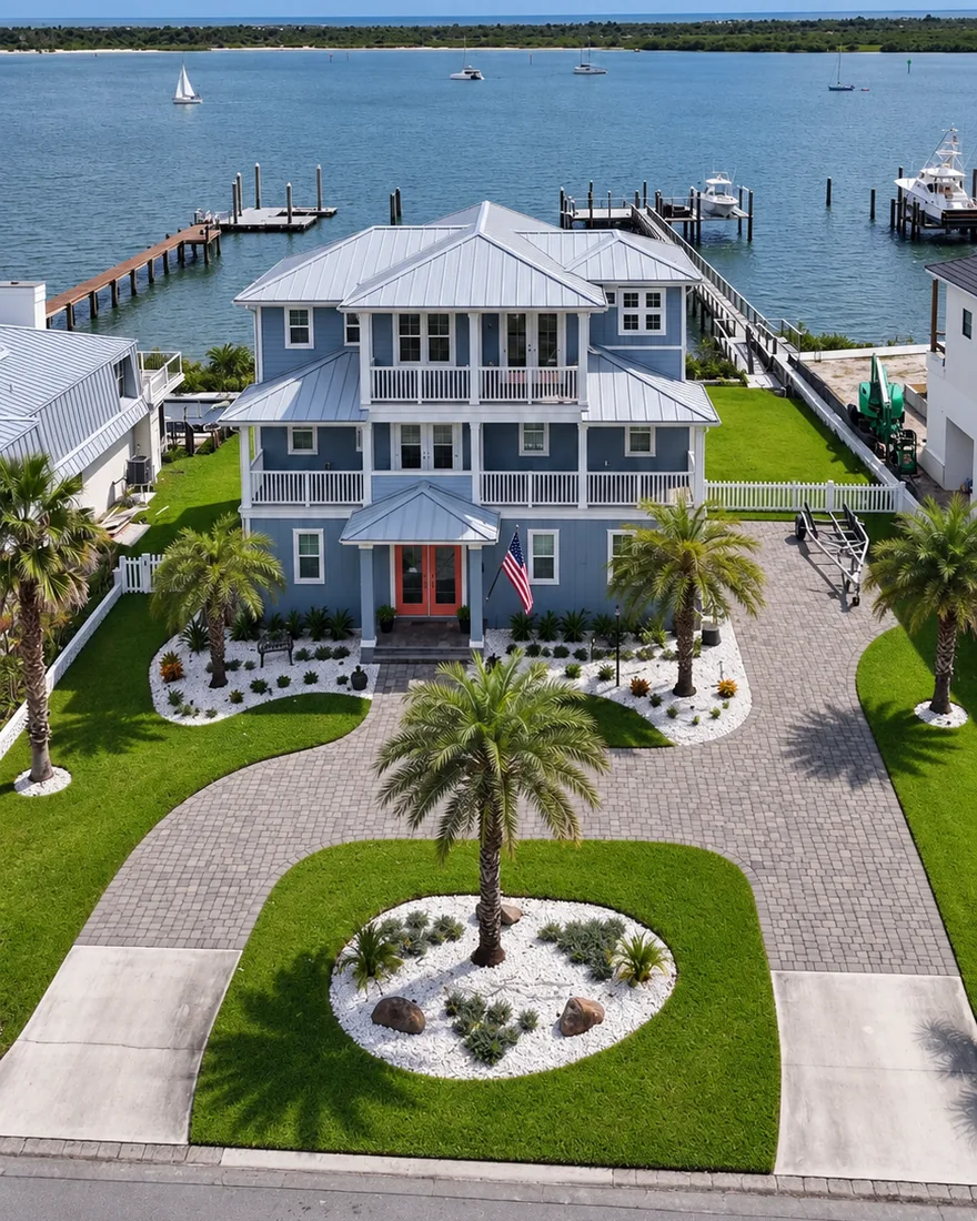 A blue three-story home with white porches and a coral front door on the water in St. Augustine