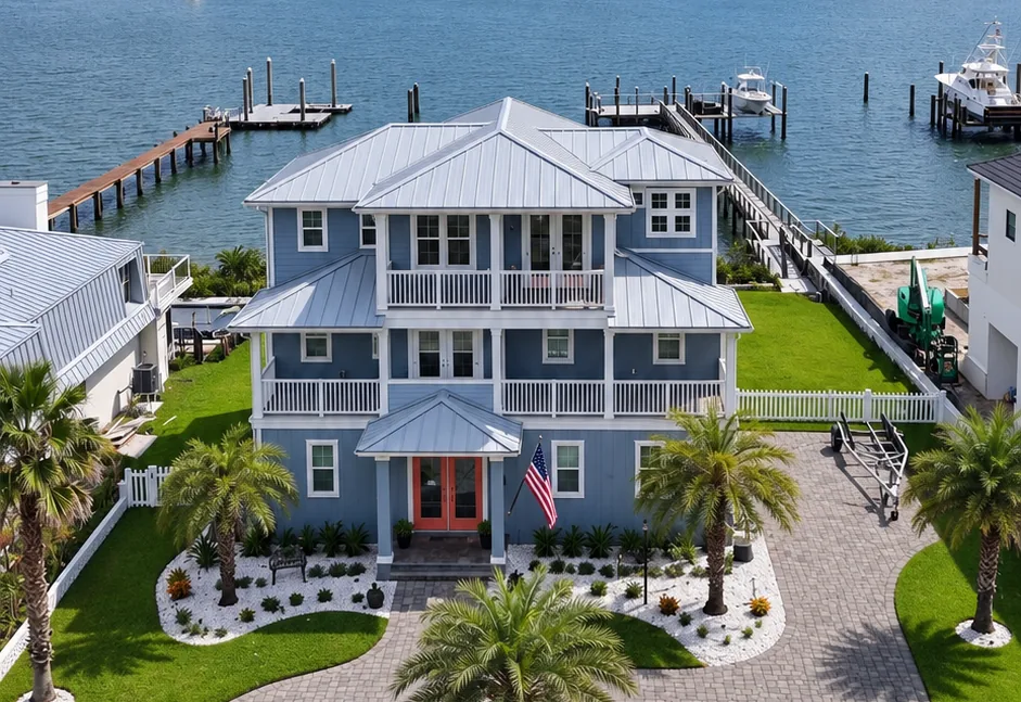 A blue three-story home with white porches and a coral front door on the water in St. Augustine