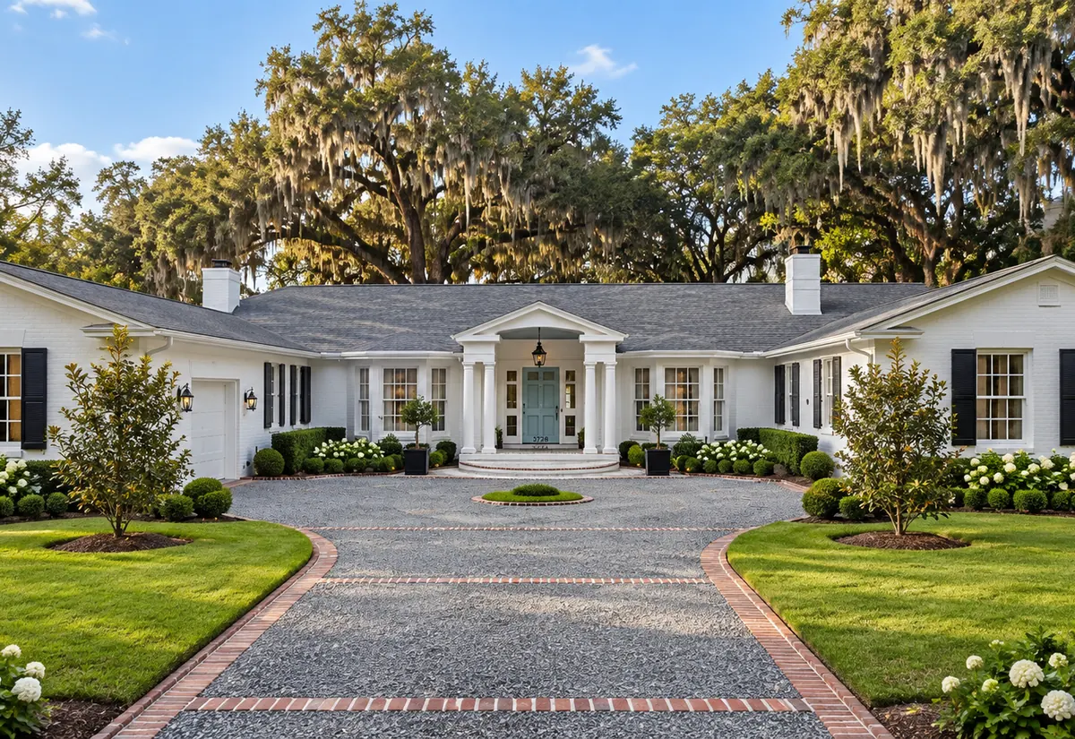 A long white ranch home under live oaks and Spanish moss in Ortega