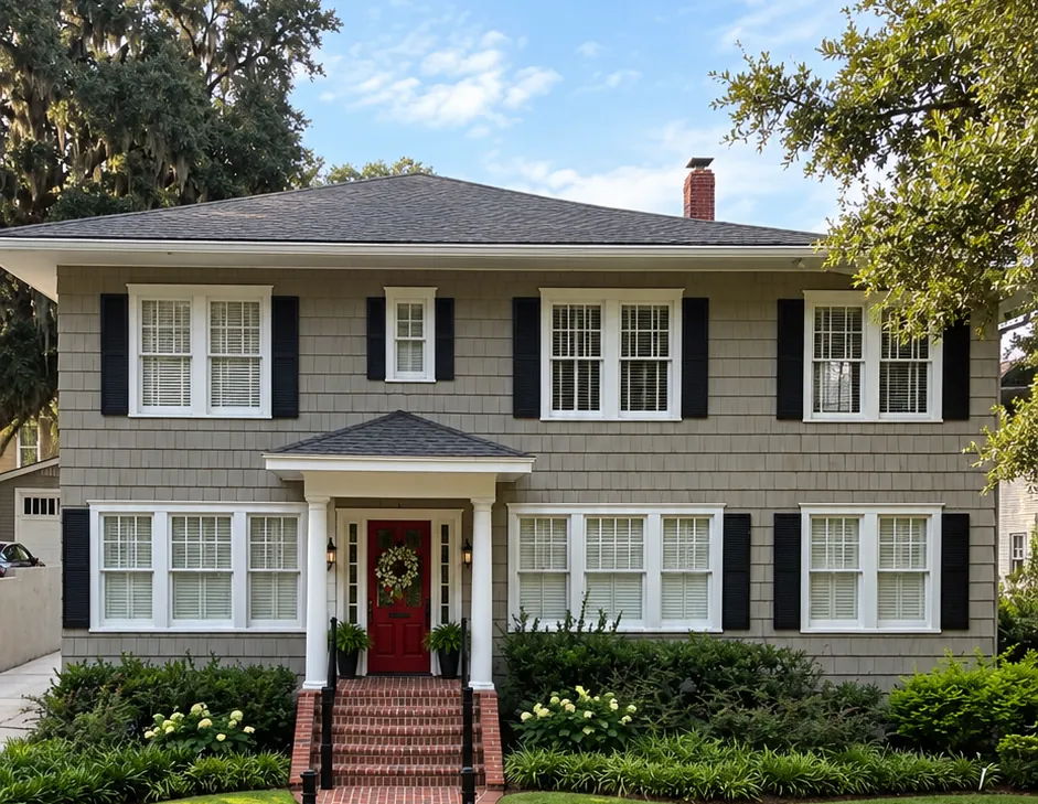 A two-story colonial home with a brick walk in Riverside